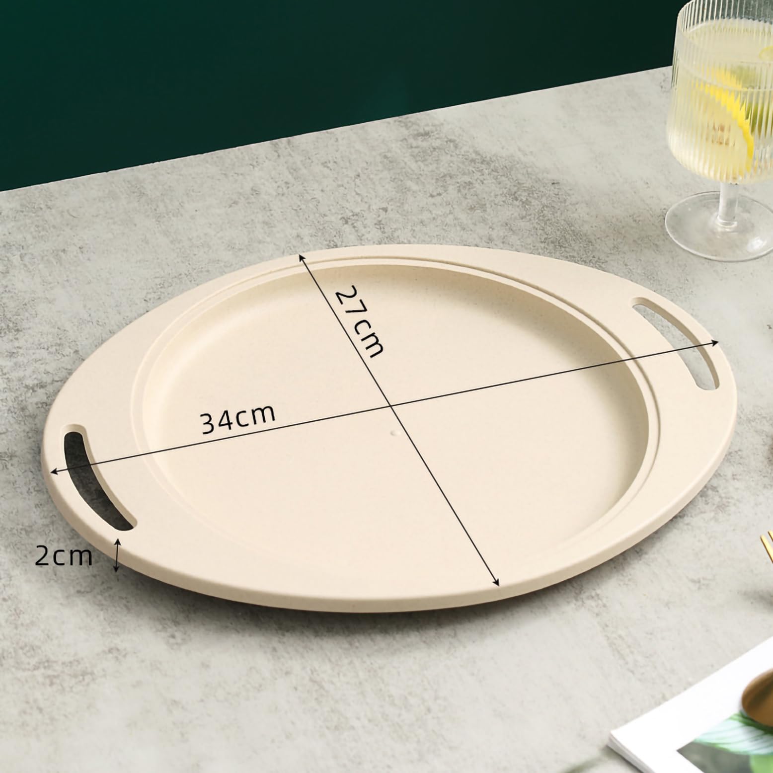 P-PLUS INTERNATIONAL Wheat Straw Cafeteria Tray Restaurant Serving Trays Serving Platter Unbreakable Deep Dinner Plates Set Wheat Straw Dinnerware Kitchen Plates for Daily Use (34cm, Beige, Set of 1) 1