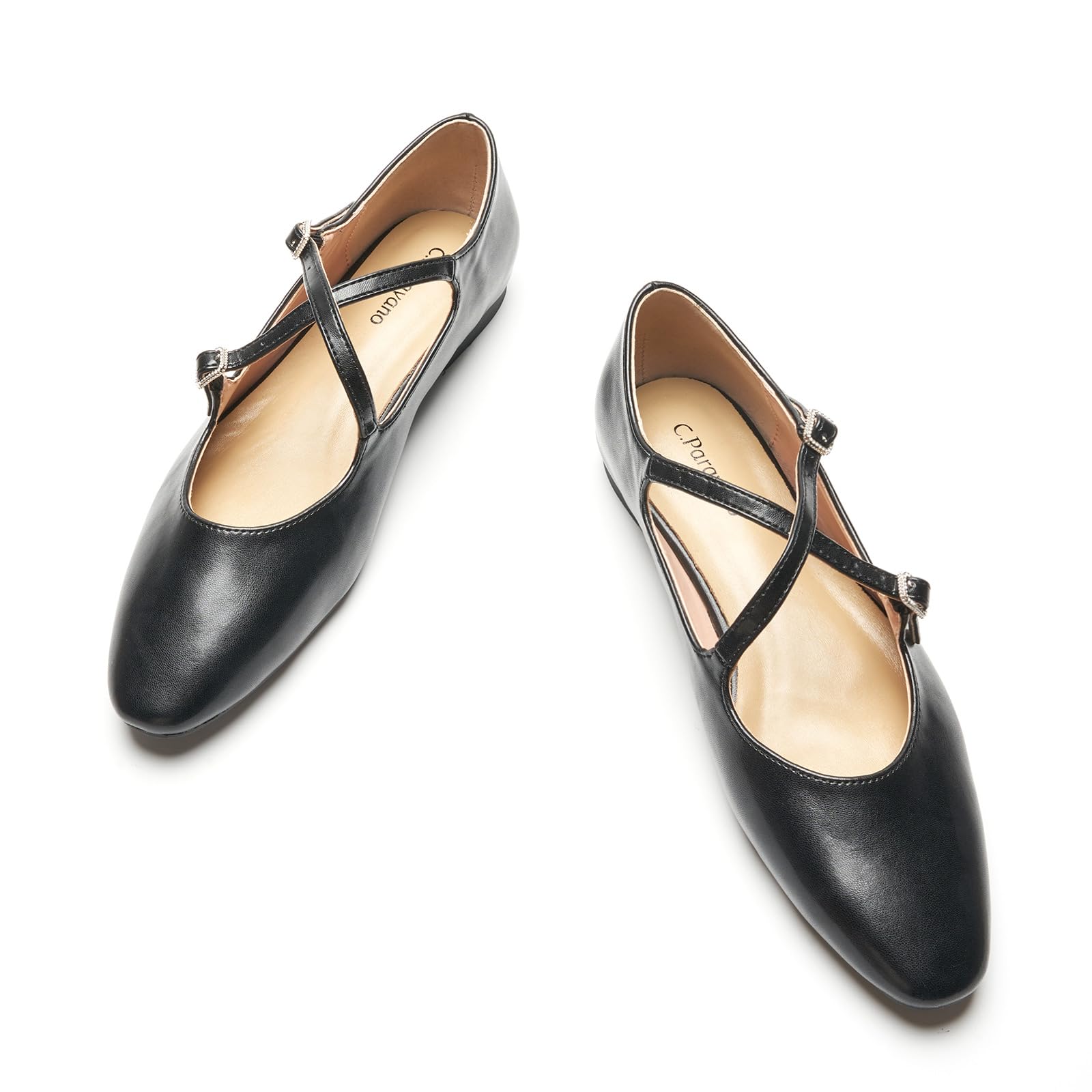C.Paravano Women's Ballet Flats - Adjustable Buckle Cross Strap Mary Jane Shoes, Soft Leather for Dressy Casual Work and Daily Wear 8.5 Black