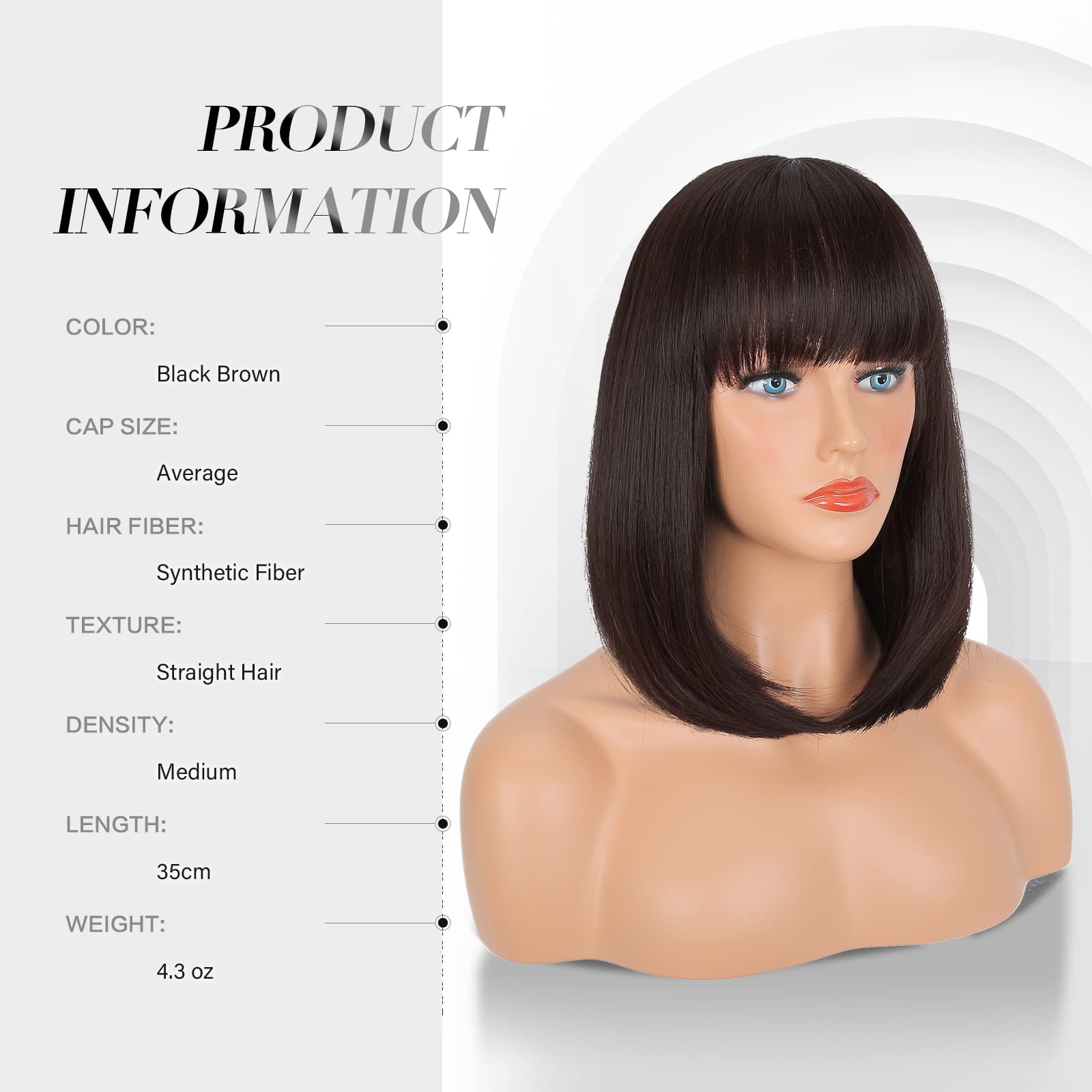 FESHFEN Nero Marrone Corta Parrucca con Frangia Lisci Bob Parrucche Naturale Sintetiche Dritto Uso Quotidiano del Partito Parrucche Capelli per Donne 35cm