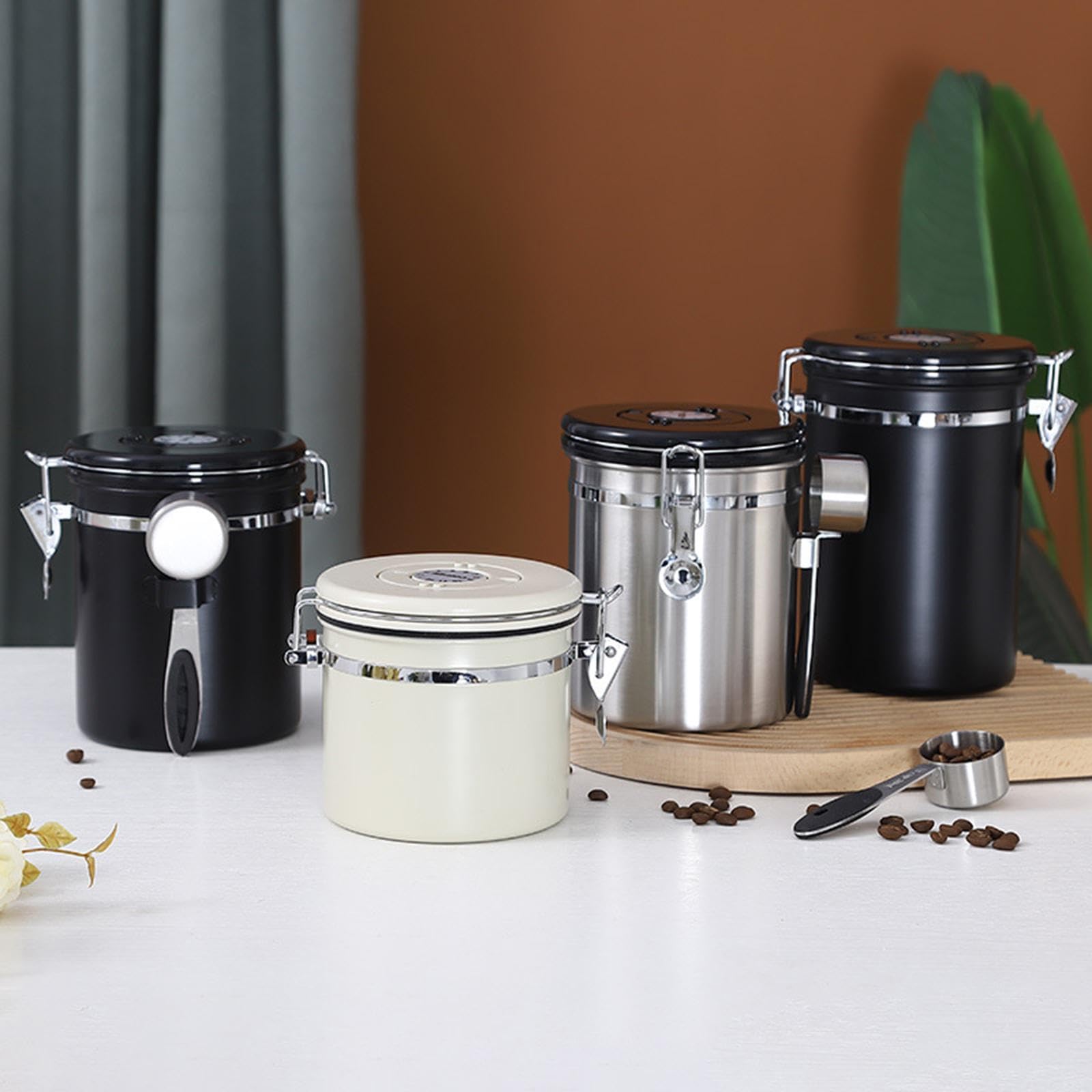 Kaffeebohnen-Behälter, Vakuum-Aufbewahrung mit Stahllöffel für Tee, 1,2 l, Schwarz, 2 Stück