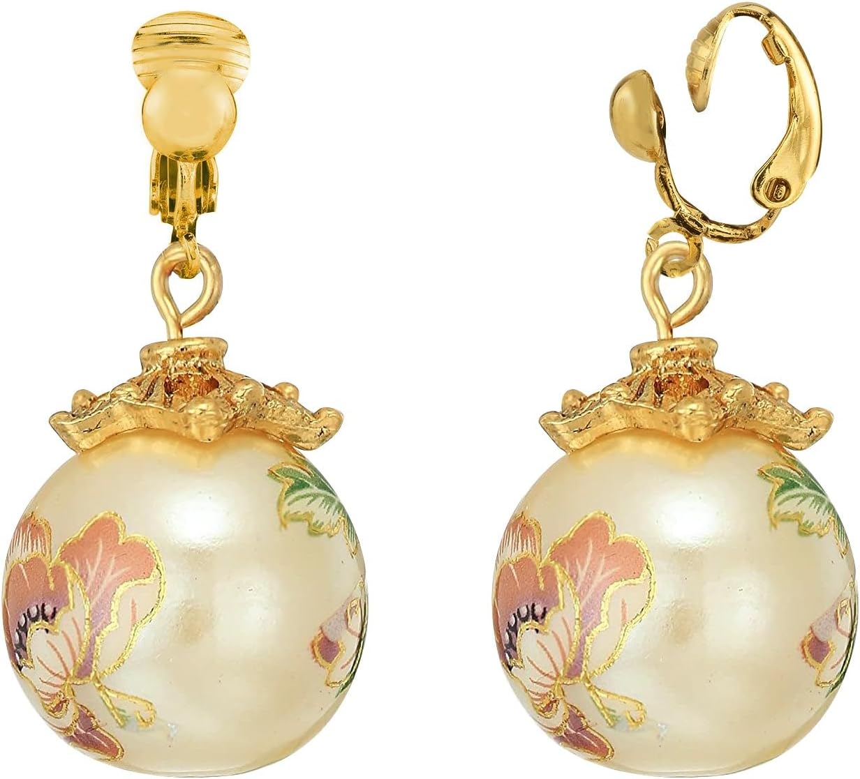 1928 Jewelry Women's Gold Tone Pink Floral Faux Pearl Decal Drop Clip On Earrings