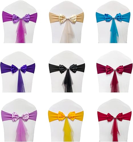Miniatura 5 de Bandas elásticas de elastano para decoración de sillas, bodas, fiestas, recepciones, banquetes, bandas elásticas con lazos dobles, organza flotante,