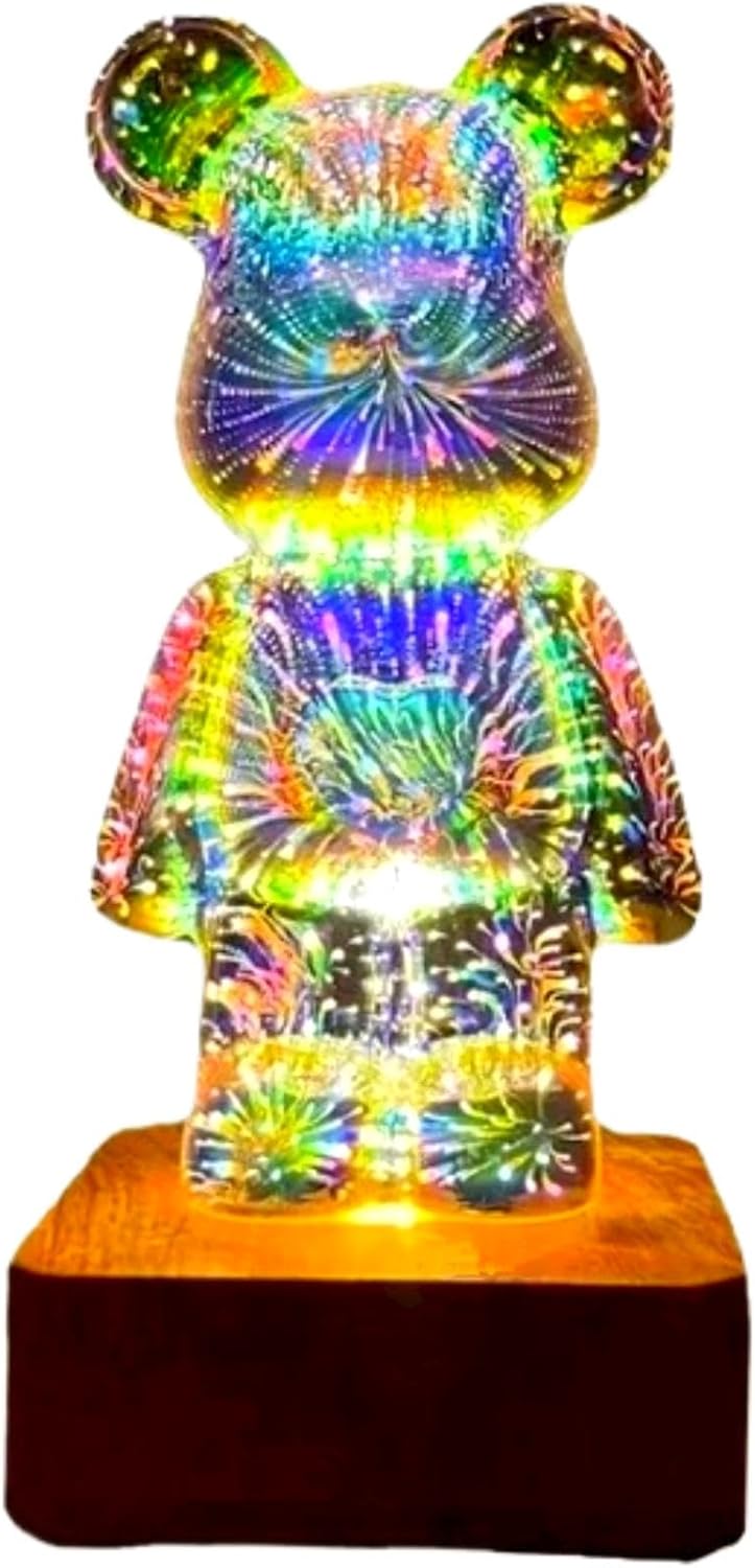 Twinkle Bear Lamp, 3D Firework Bear Light Decorative Nightstand Table Lamp Color Changing Cute Room Decor LED Bedroom Lamp for Kids Room, Home, Office, Nursery (Long Leg)