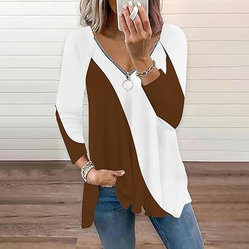 Miniatura 4 de Blusa casual de manga larga con cremallera y cuello en V profundo ajuste holgado plisado para otoño con bloques de color