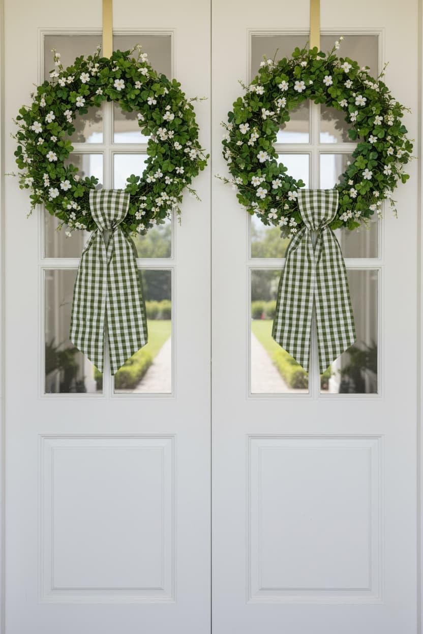 Green White Plaid Wreath Sash Front Door Decoration, Blank Sash Spring St Patrick Wedding Holiday Party Bow Ribbon Accessories Indoor Outdoor Farmhouse Decor