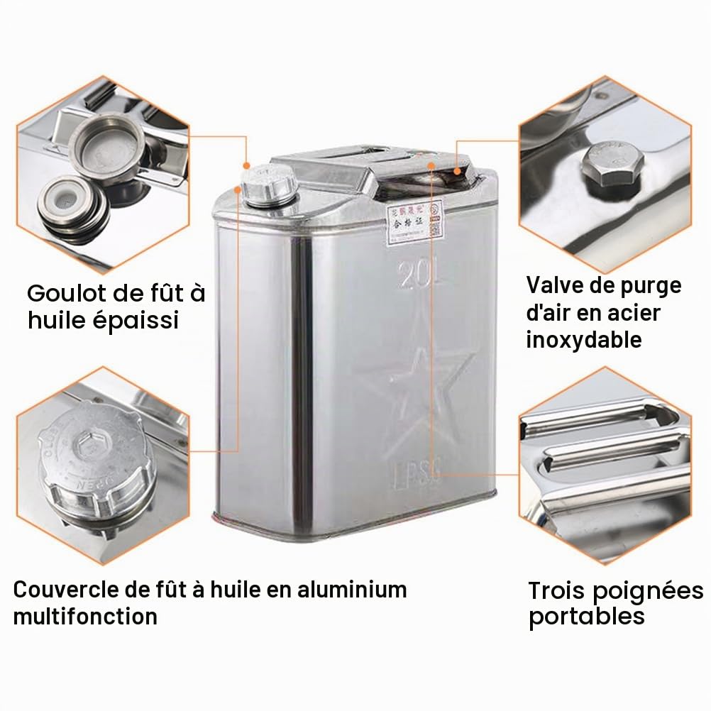 Générique Bidons De Carburant Essence Diesel 5 L/10 L/15 L/20 L, Réservoir De Secours, Jerrican Anti-Fuite en Acier Inoxydable épais,Bec Verseur Rétractable,pour Motos,Automobiles,20L