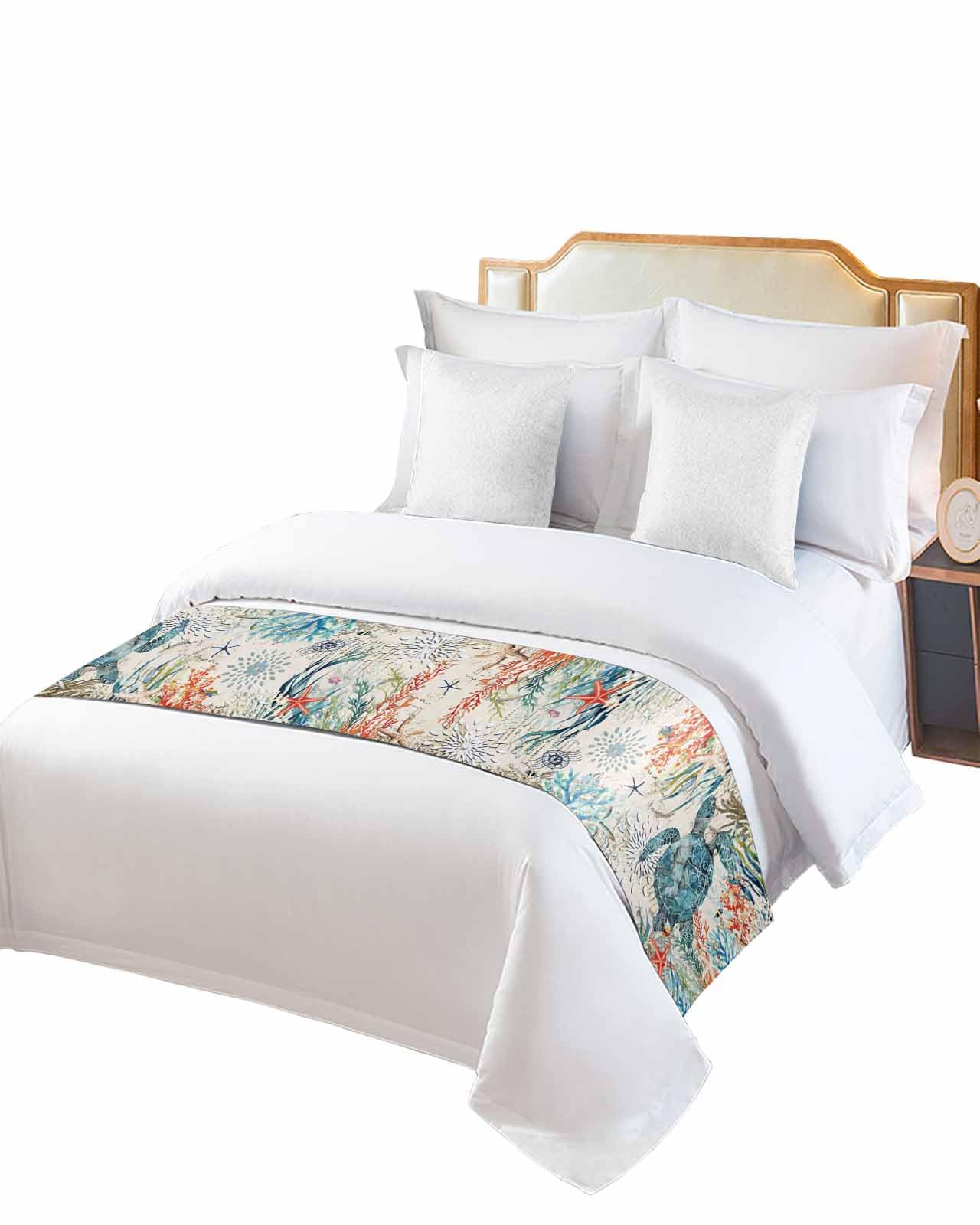 Twin Bed Runner Summer Turtle Watercolor Coral Bedding Runner Scarves Decorative Bed Scarf, Cartoon Starfish Retro Backdrop Soft Bedding Scarf for Bedroom Hotel Wedding 71x20in