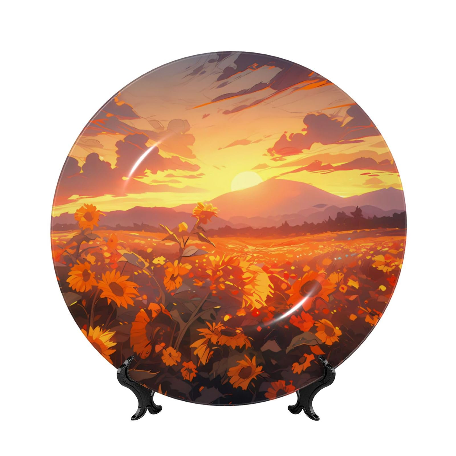 SXZVVBN Yellow sunflowers at sunset Bone China Decorative Plate Art with Stand Removable Adhesive Hanging for Home Office 8in（20cm）