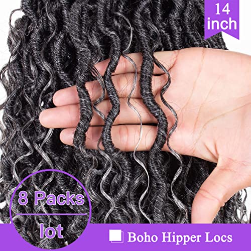Zrq Grey Goddess Locs Crochet Hair 14 Inch Boho Locs Hair,8 Packs Pre Looped Bohemian Locs Croceht Boho Hippie Locs, Curly River Soft Locs Hair Extensions Tgrey# #TOP3