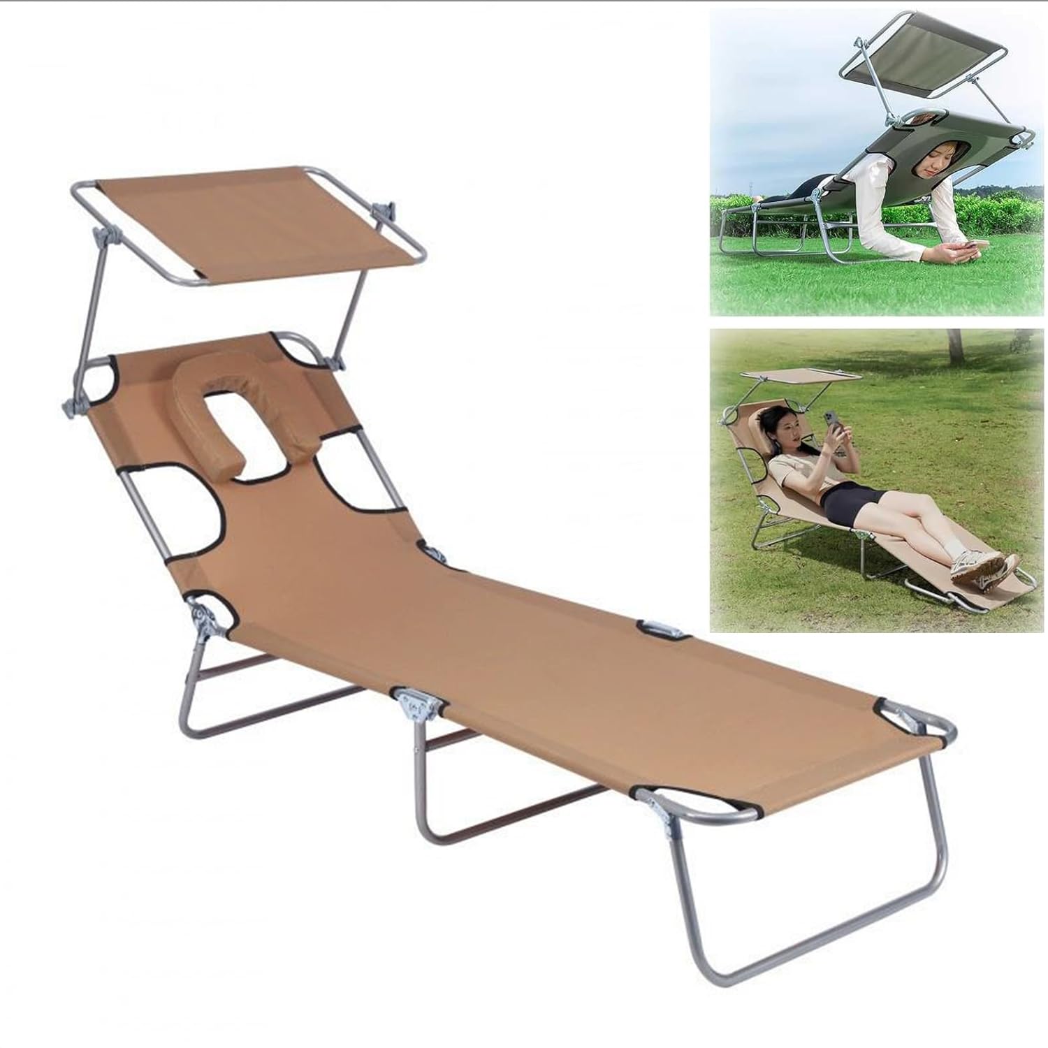 Chaise longue pliante plage transportable transat jardin kaki oxford