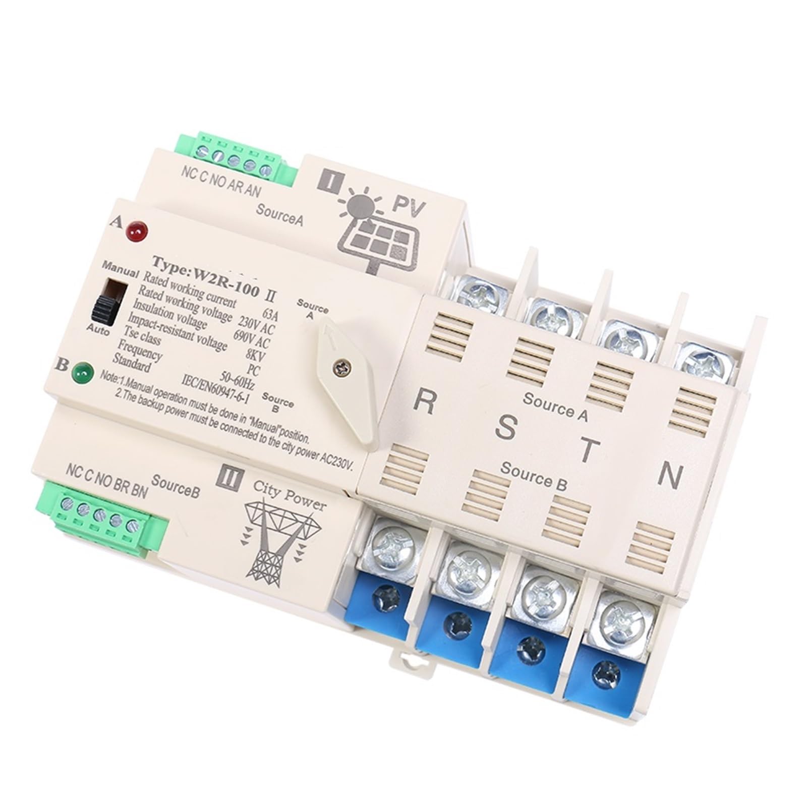 ZIPCOM Double power automatic transfer switch On-Grid Solar Power Automatic Transfer Switch Din Rail 2P 3P 4P 63A 100A AC220V ATS PV System Power to City Power W2R (Size : PV 110V, Color : 4P 100A)