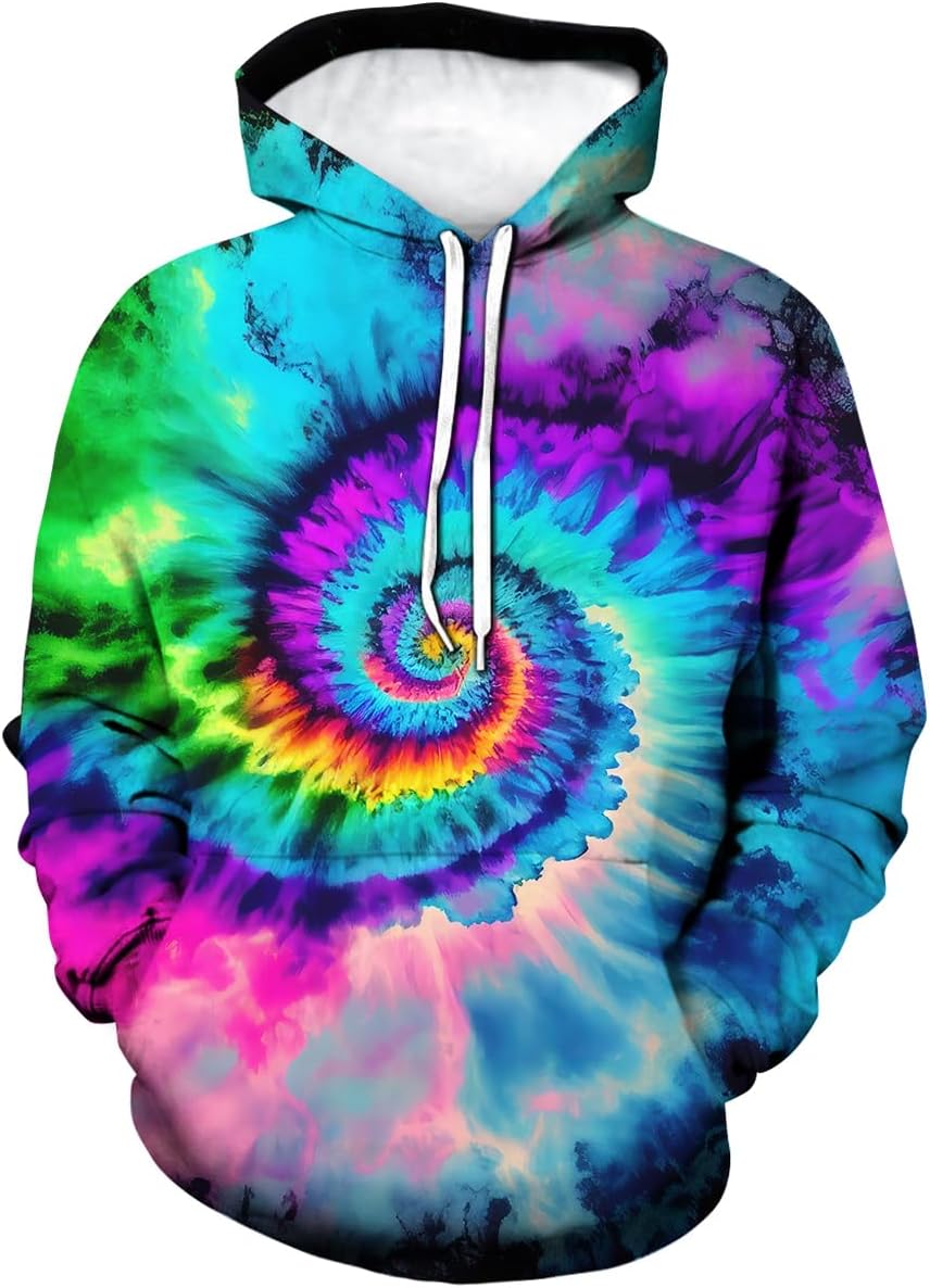 Psychedelic Rainbow Tie Dye Hoodie for Men Women Graphic Unisex 3D Printed Sweatshirts Pullover Pockets