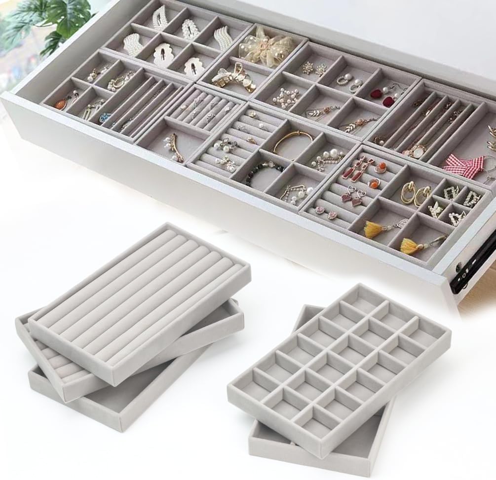 5 Pack Jewellery Organiser Tray for Drawers, Customize Flexible Jewelry Storage Box, Stackable Velvet Removable Dividers, Rearrange, Hold Earrings, Necklaces, Rings for Wardrobe, Dresser, Chest
