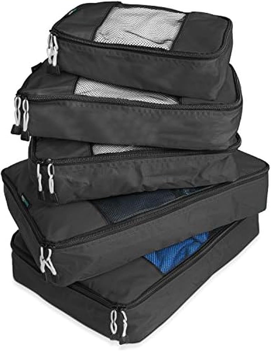 Travel Wise Cubos de embalaje para viajes – Juego de 5 piezas con diseño de patrón, organizadores de equipaje ligeros de nailon Ripstop con panel de malla, tamaños pequeños, medianos y grandes