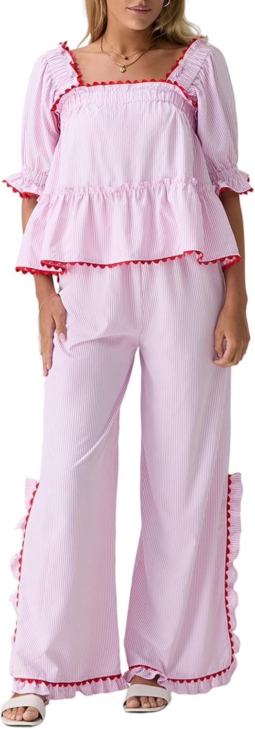 Hulpvktsgiq Christmas Pajama Set for Women Puff Short Sleeve Plaid Babydoll Blouse Ruffle Wide Leg Pants Gingham Lounge Pjs