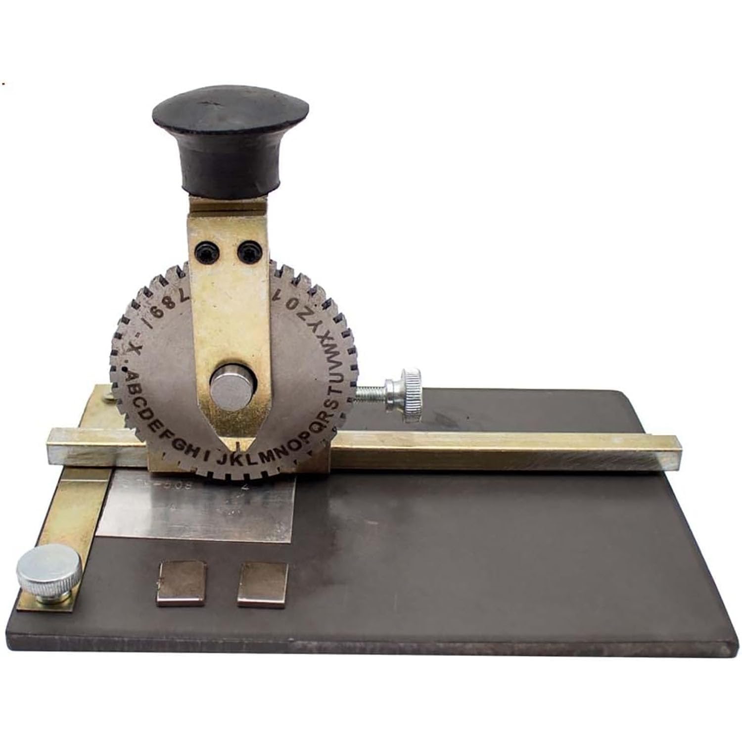 Macchina Manuale per la marcatura di targhette per Cani, capacità di 40 Caratteri, Dispositivo di Posizionamento e Ruota di Stampa da 84 mm per Una marcatura di precisione.