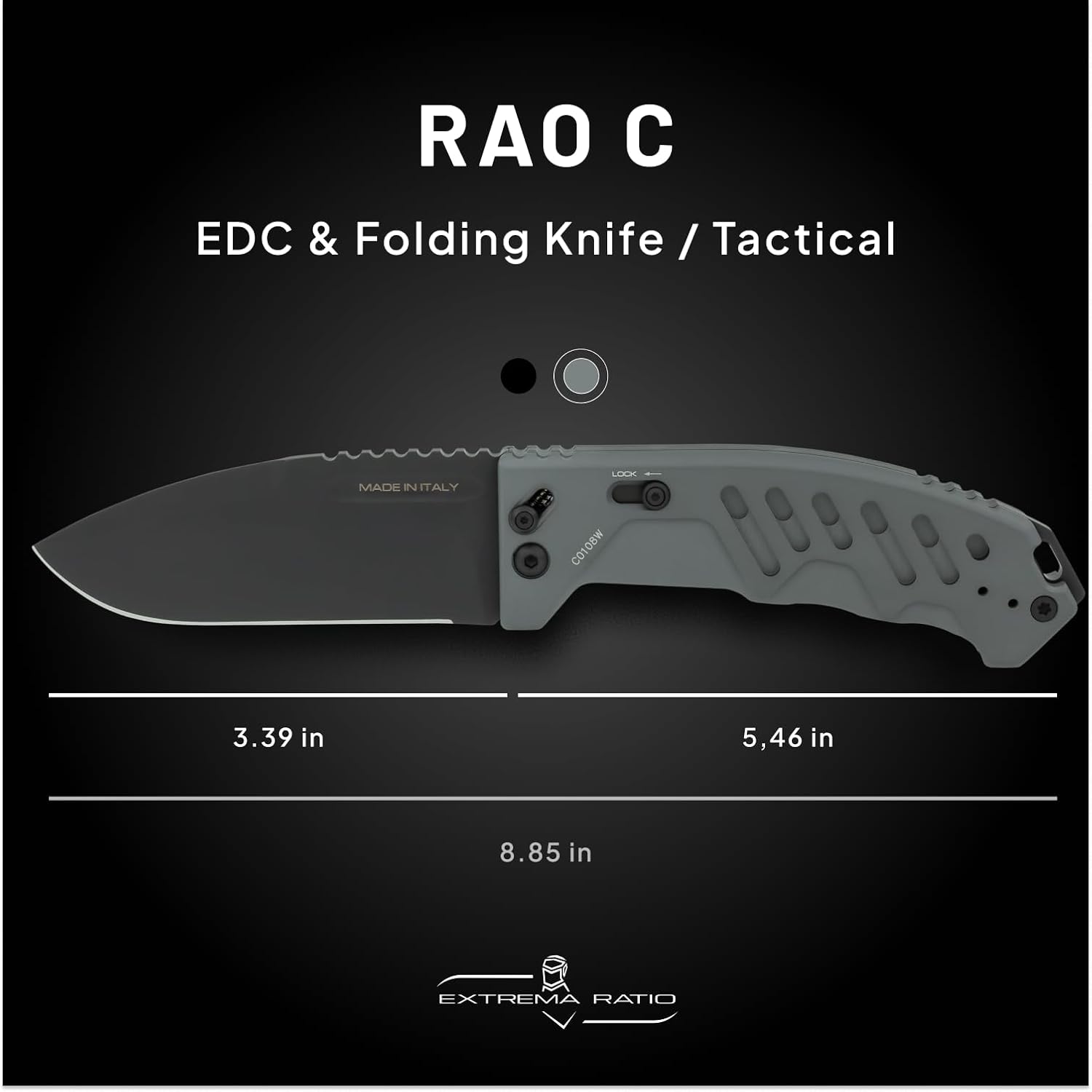 Extrema Ratio RAO C (Grey) Folding Knife, 6.3mm Bohler N690 Steel, 58 HRC, Premium Outdoor Tool, Made in Italy