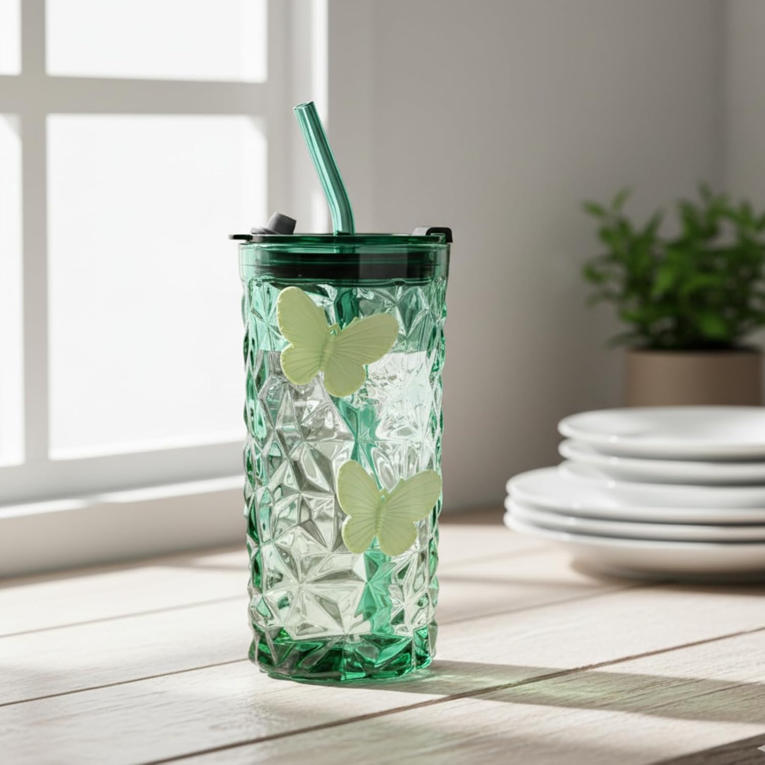 2 Pcs Glass Cups with Lids and Straws, 10oz Glass Tumblers, Butterfly Cups, Green Drinking Glasses, Amber Glassware - Image 7