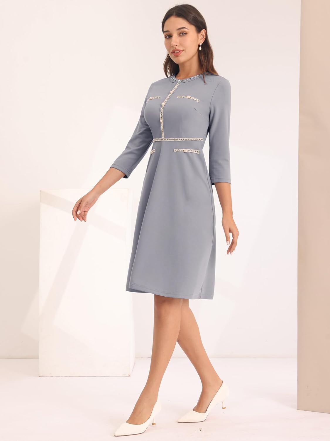 Women's Church A-Line Work 3/4 Sleeve Tweed Midi Dresses - Image 2