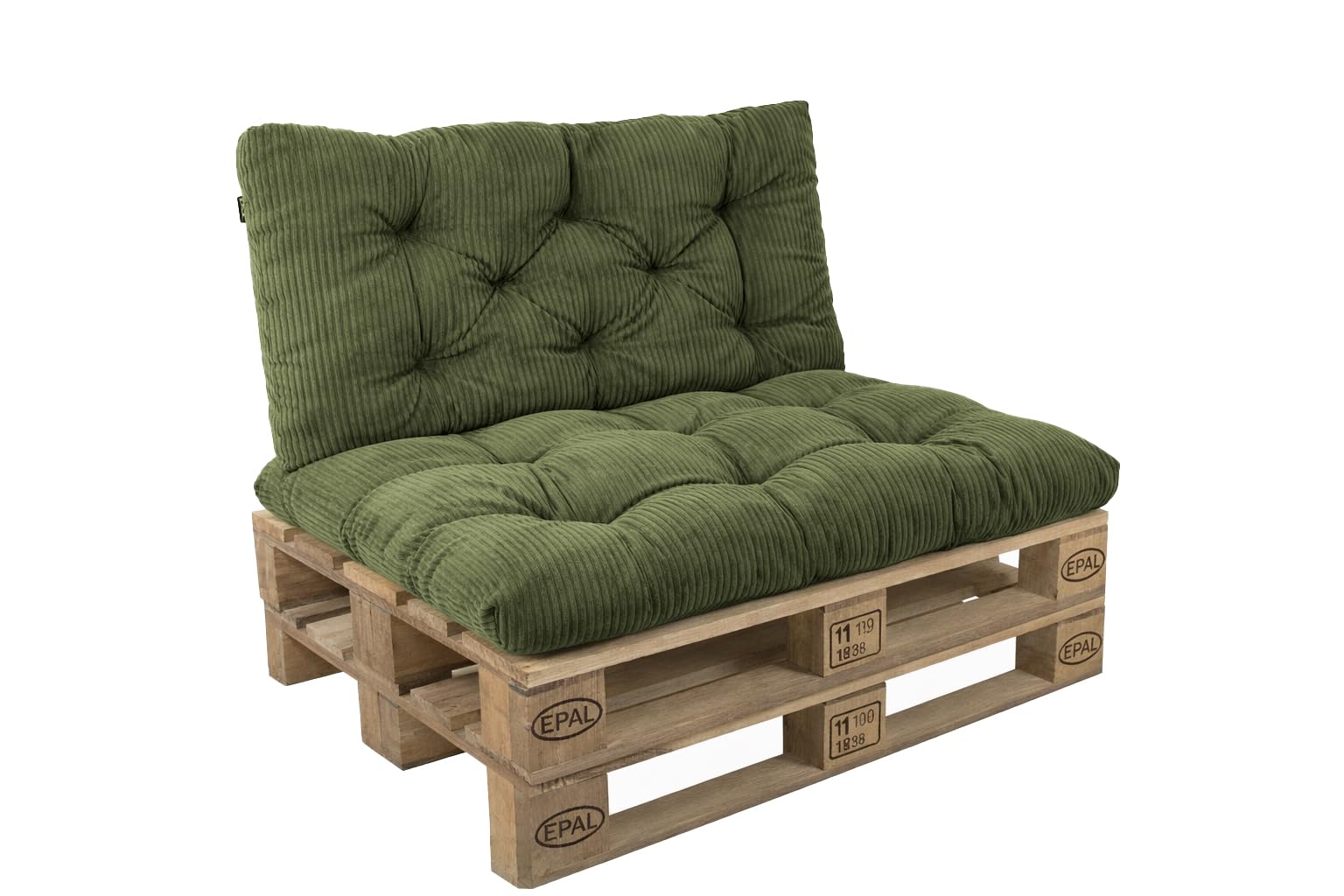 POKAR Set of 2 Pallet Cushions: Seat 120x60 cm + Backrest 120x60 cm in Corduroy | Tufted Cushions for Pallet Furniture and Garden Sofa | Outdoor and Indoor Use | Oeko-Tex | Made in EU | Khaki
