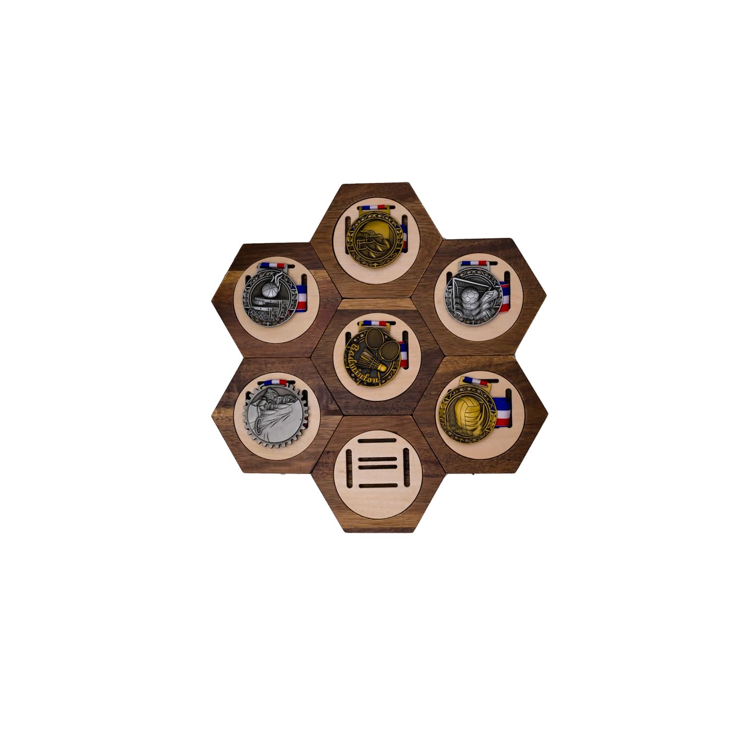 Medal Display Hanger Rack Wooden Decoration Hexagon Honeycomb Medal Storage Case, Upgrade The Magnet for Sports Medals, Track & Field, Military, Spartan, Races, Running, Marathons (Acacia, 7pc)-picture-10
