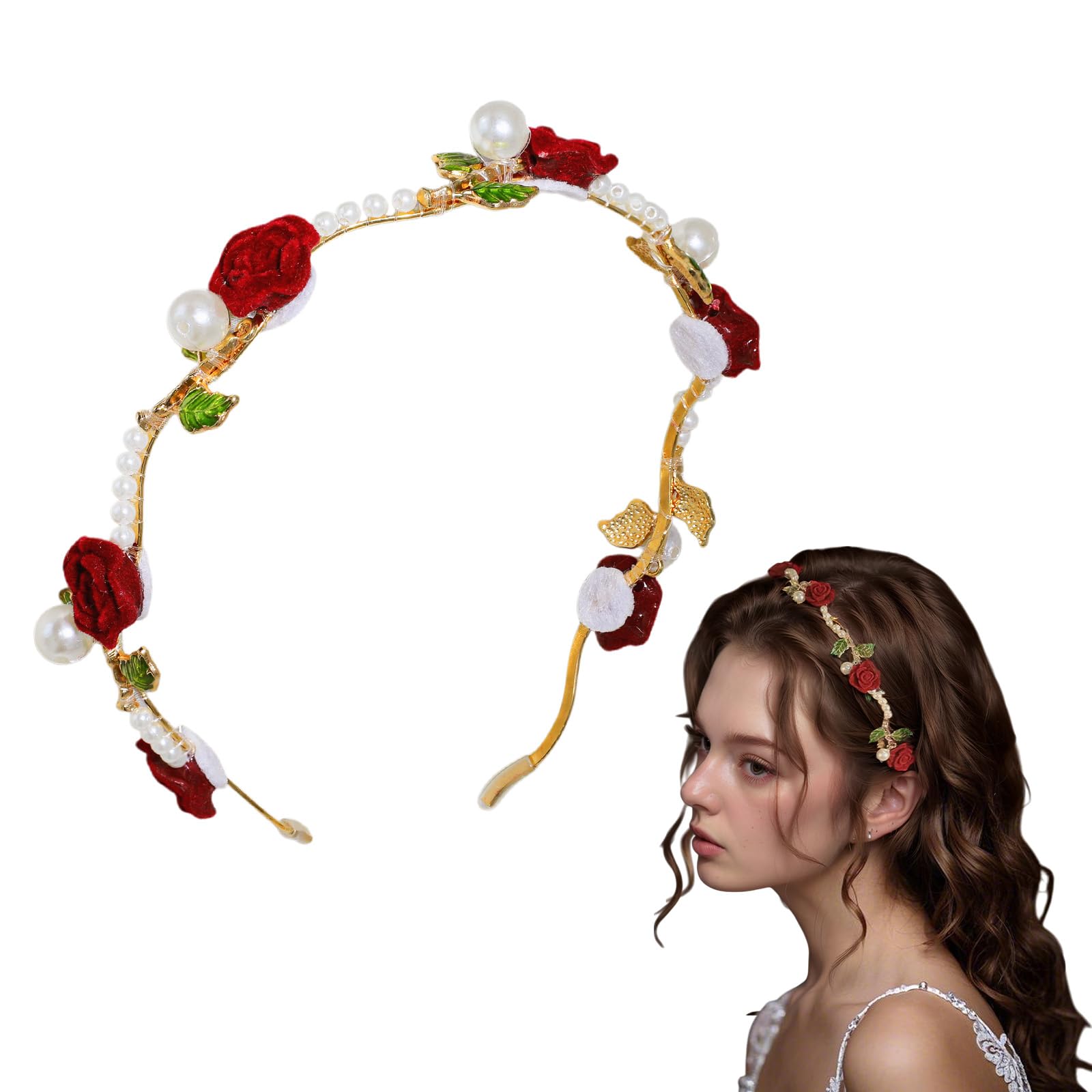 BYETOCE Red Rose Metal Hair Wreath Pearl Floral Flower Crown Headpiece Dainty Forest Style Headband Artificial Roses Hair Accessories for Girl and