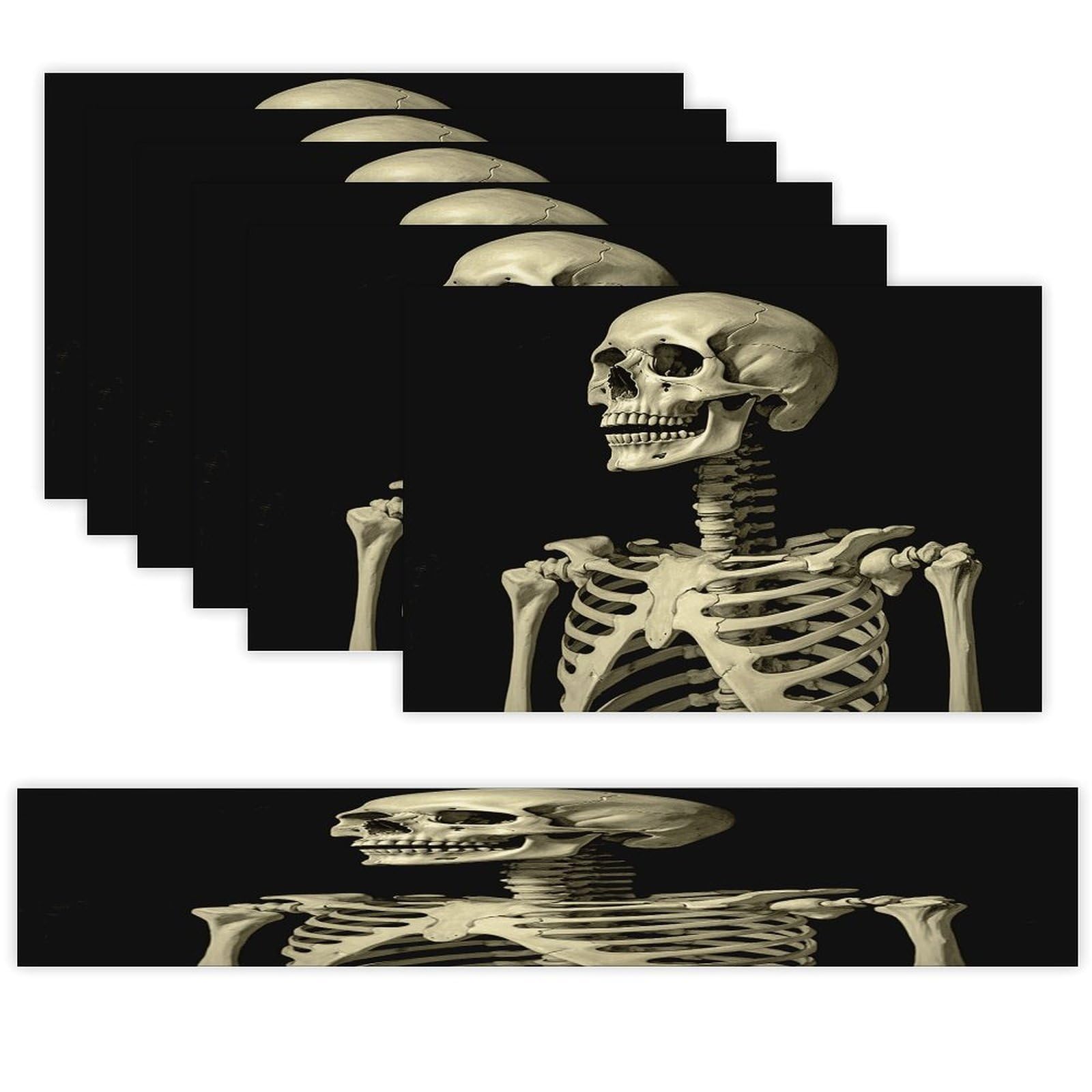 A Skeleton Table Runner and Placemats Set of 6 Wipe Clean Heat Resistant Table Mat with Table Runner Decorations Flax Linen Place Mat Set for Home Kitchen Party Supplies