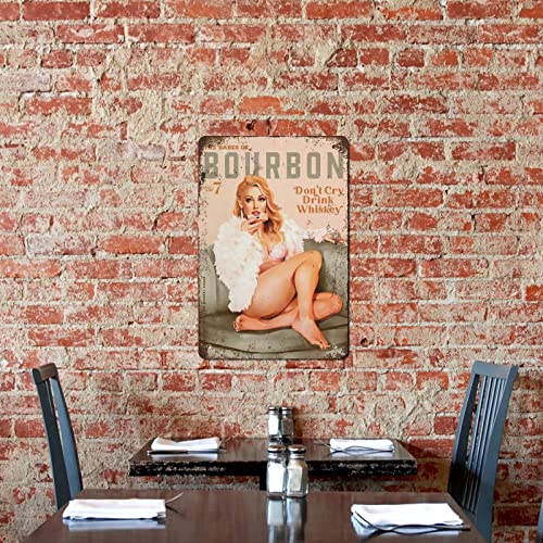 Allijune The Babes Of Bourbon Don't Cry, Drink Whiskey. Sexy Vintage Pinup Girl In Lingerie Drinking A Cocktail Art Tin Sign,Vintage Style Wall Decor Gift For Mom, Dad, Friends Tin Sign 12X16 Inch #TOP4