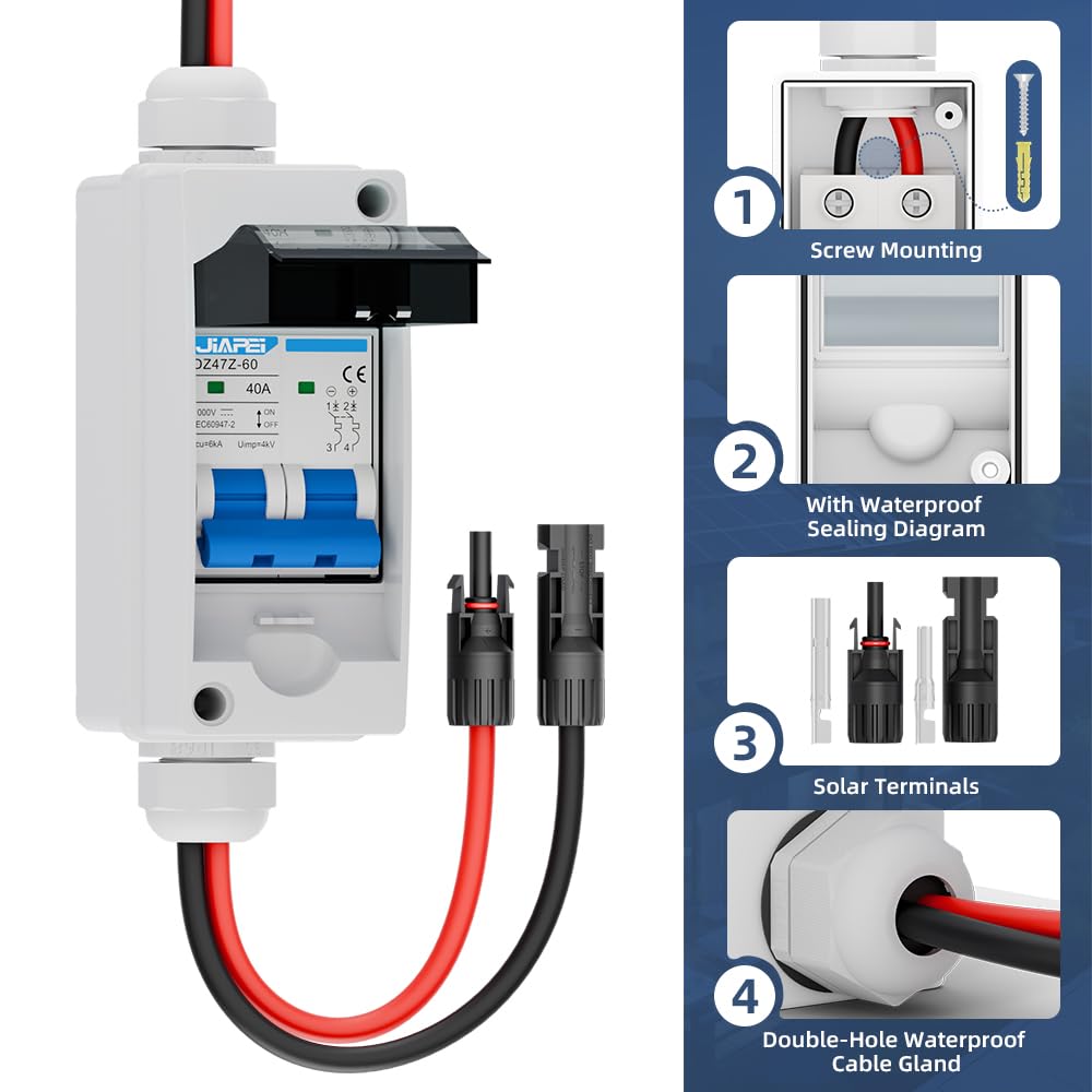 Solar Panel Disconnect Switch 40 Amp 1000V Breaker Box, PV DC Miniature Circuit Breaker Disconnect Box Outdoor with IP65 Waterproof Box