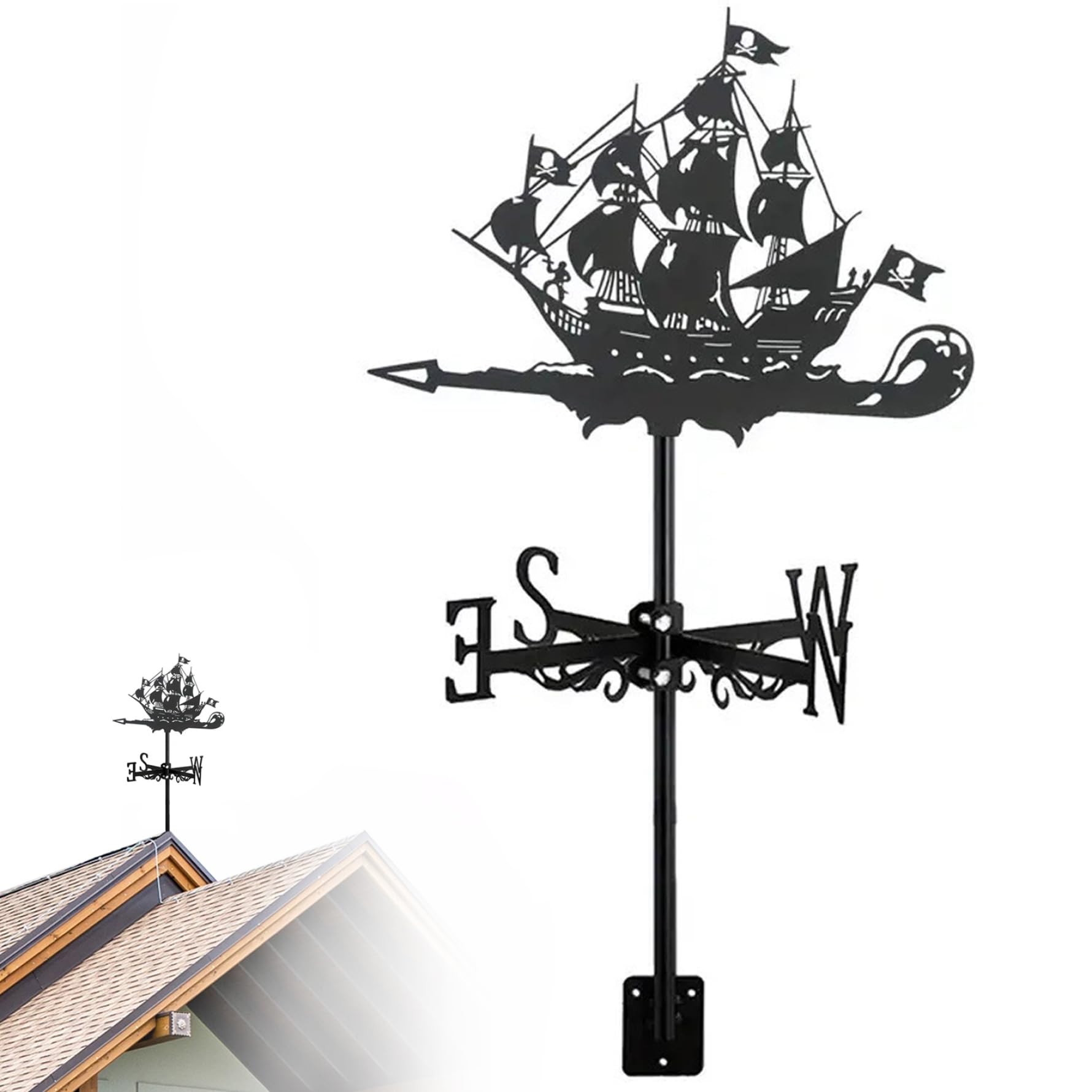 Girouette bateau pirate en métal noir pour toit de jardin et terrasse