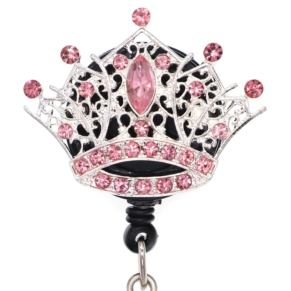 Crystal Rhinestone Crown Retractable ID Badge Name Card Holder Reel for Nurse