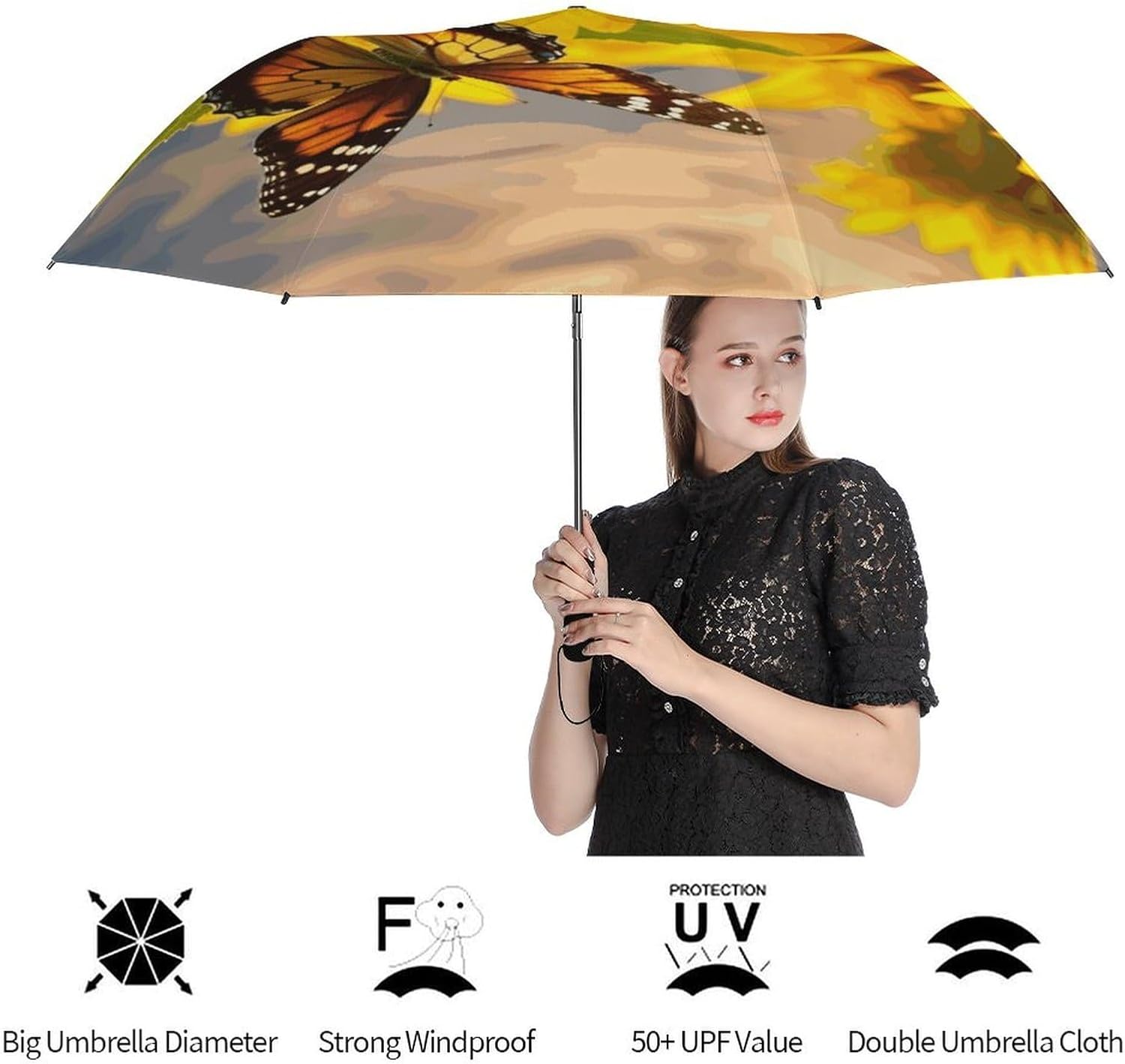 Sunflower Butterfly Umbrella Extra Large Folding, Travel Umbrella Windproof, Compact, Golf Umbrella With Unique Patterns, Fashionable And Beautiful for Men And Women.