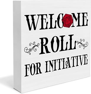 Gaming Decor, Dice Decorations, DnD Gifts for Women Men, Welcome Roll For Initiative Wooden Decorative Sign, Home Decor for Desk Table Shelf 5 x 5 Inches