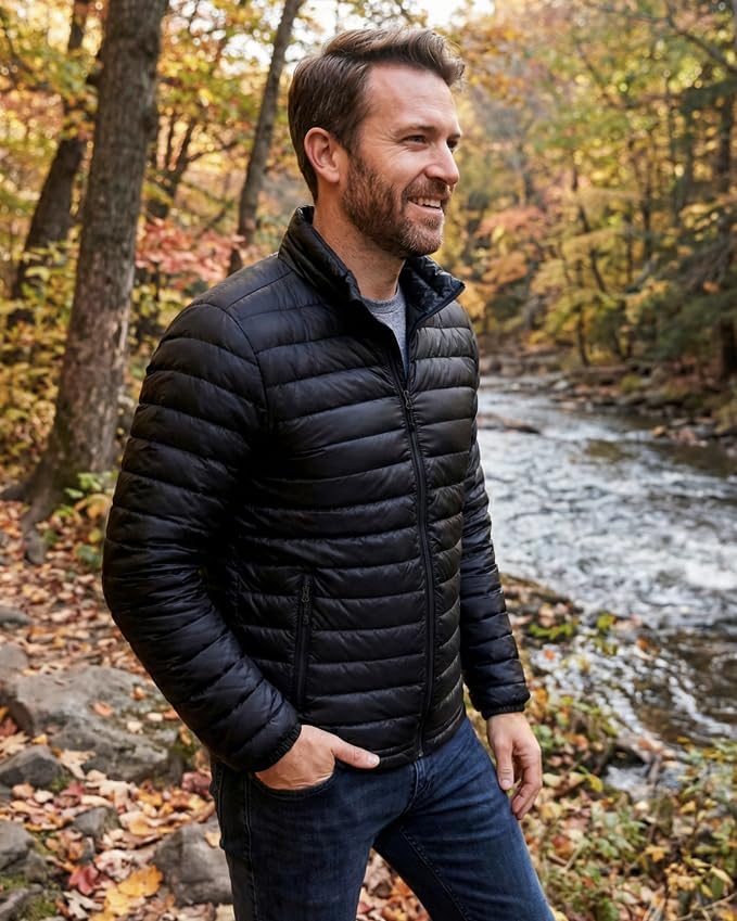 Men's Lightweight Packable Puffer Jacket Water Resistant. Black - Image 3