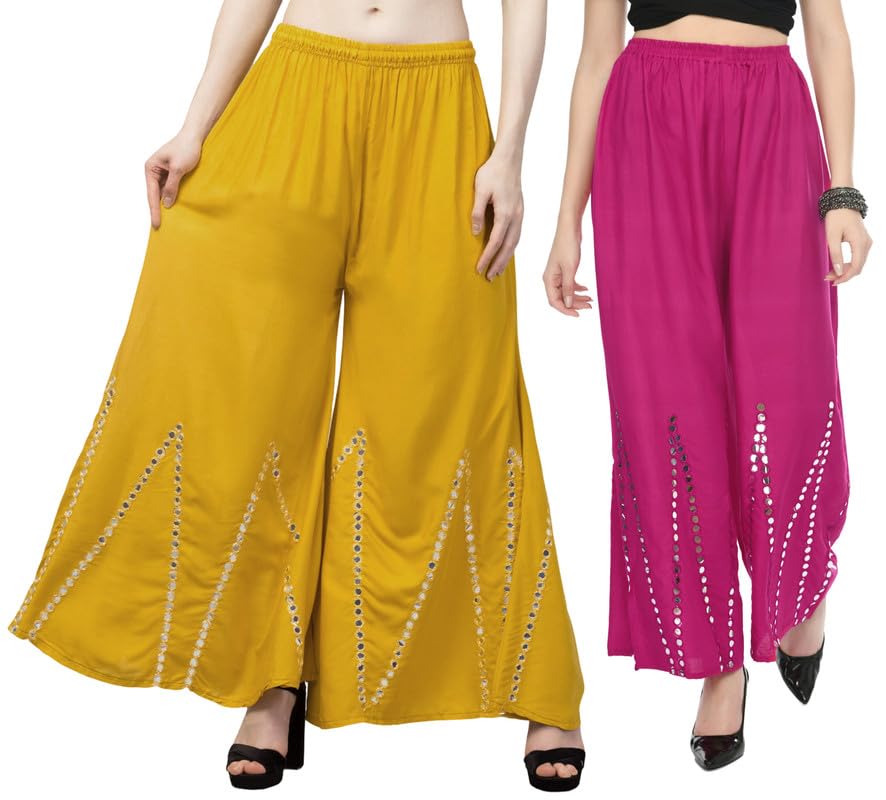 Combo Pack of 2 -Rayon Mirror Work Flared Casual Palazzo - Pant for Girls & Women - Free Size - 28-42-picture-52