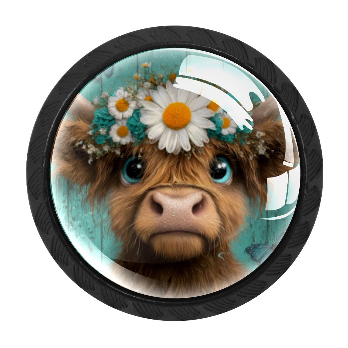 HEOEH 4 PCS Cabinet Knobs, Highland Cow Daisy Drawer Knobs Dresser Handles