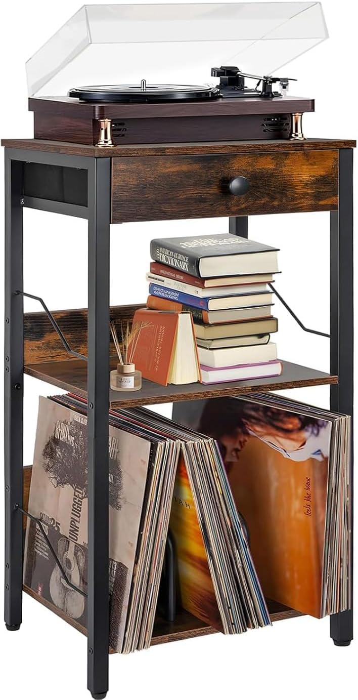 IBVIVIC Estantería para Tocadiscos con 3 Capas y Marco de Metal, divisores de Madera, Apta para Tocadiscos, Altavoces y Soportes para Discos de 40 x 30 x 75 cm