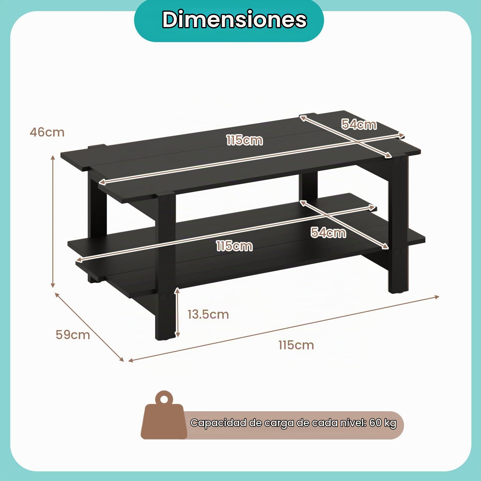 LIFEZEAL Mesa de Centro de 2 Niveles, Mesa de café con almacenaje, Mueble de salón Rectangular, Estilo Industrial, 115x59x46 CM (Negro)