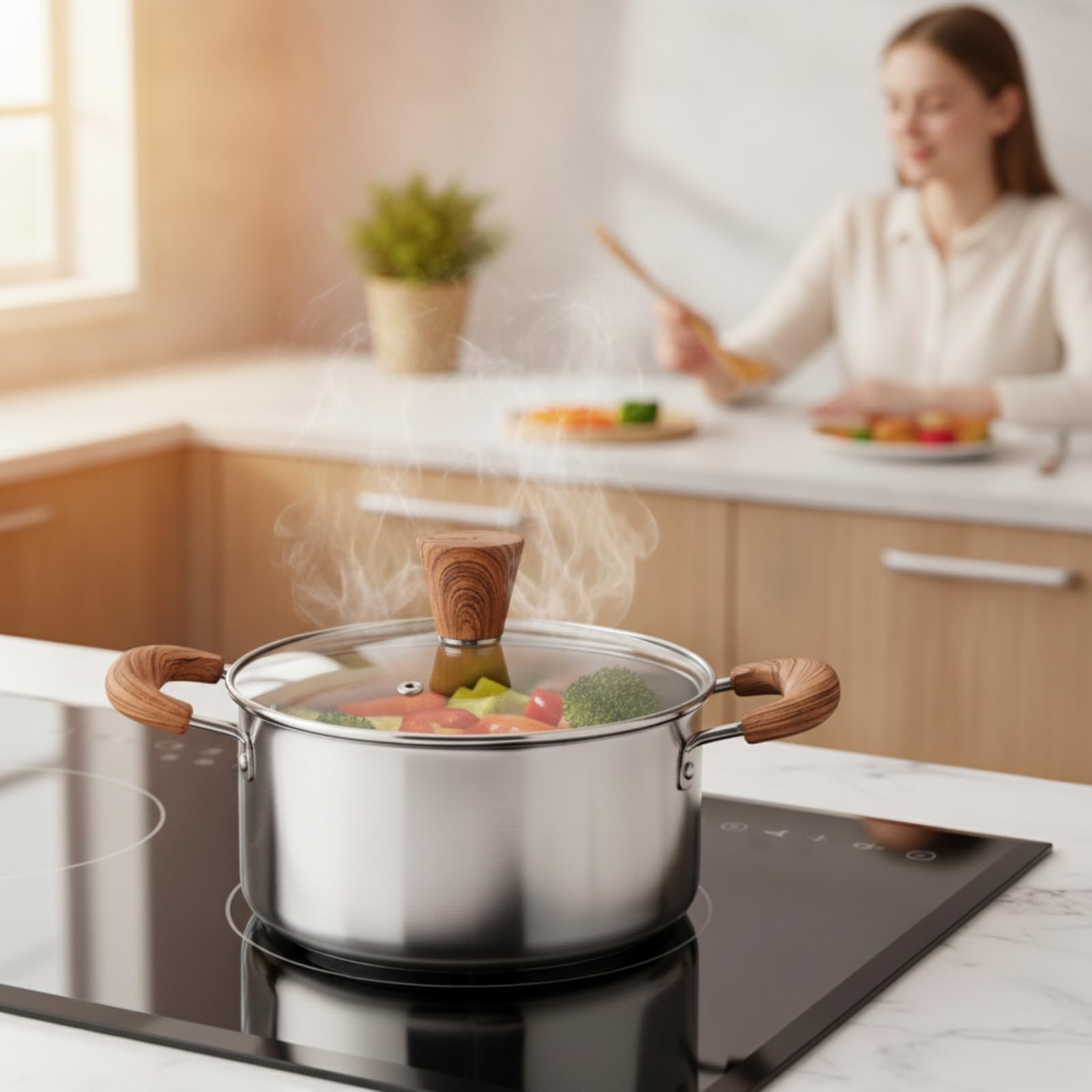 Set Casseroles avec Couvercles Compatible Induction Équipement Culinaire Cuisine tous Fe Équipement Culinaire Cuisine En Acier Inoxydable, Poignée Argentée, 16-18-20CM