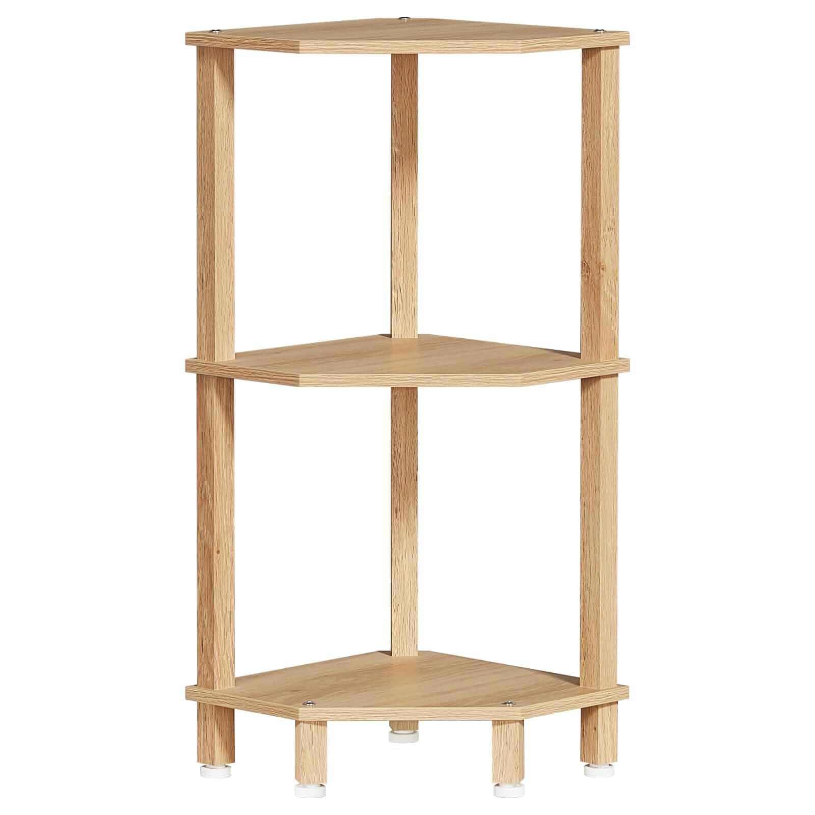 YUFAM 3-Tier Corner Shelf, Natural Wooden Small Corner Table with Sturdy 5-Leg Base, Wooden Corner Bookshelf for Adjustable Base for Bathroom