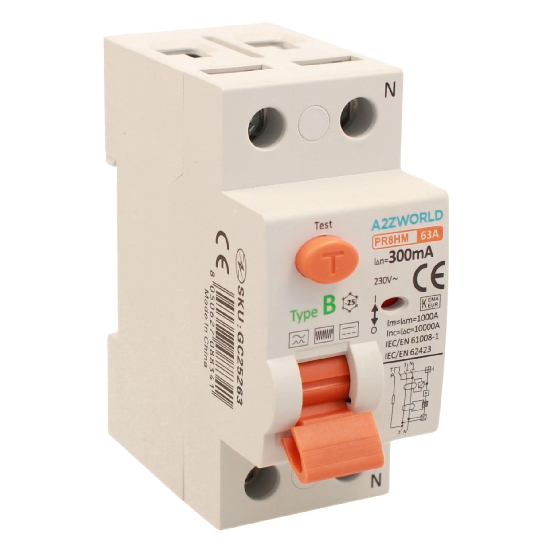 Interruptor diferencial puro tipo B 300 mA, salvavidas tipo B 63A, RCCB 1P+N 10kA 220V, 2 módulos DIN, serie PR8HM electromagnética, certificado IEC61008-1