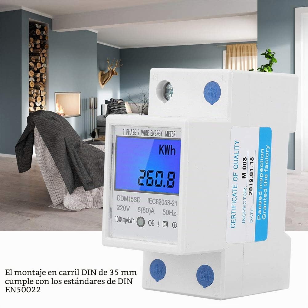 Contador de Energía Digital, 5-80A DDM15SD LCD Luz de Fondo Pantalla Digital Medidor de KWh de Energía Electrónica Monofásico