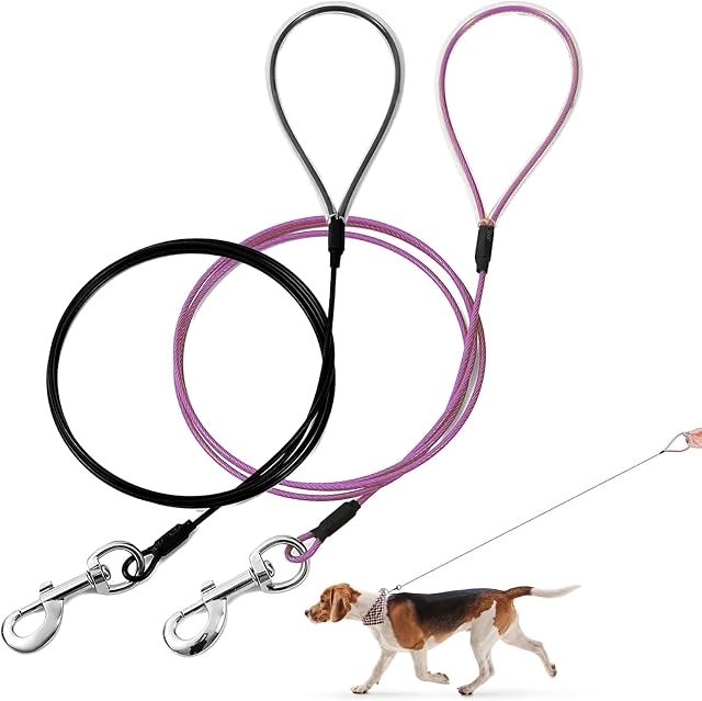 Chew Proof Dog Leash - 6 Foot Metal Cable Lead. Heavy Duty Leash Made of Coated Wire Rope. Chew Resistant, Great for Large Dogs and Teething Puppies (Black+Purple, 6FT)