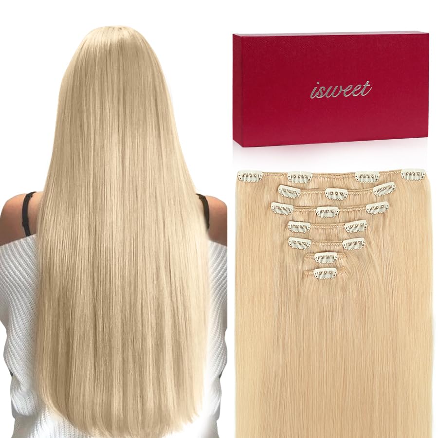 Straight Clip in Hair Extensions Human Hair #613 Blonde