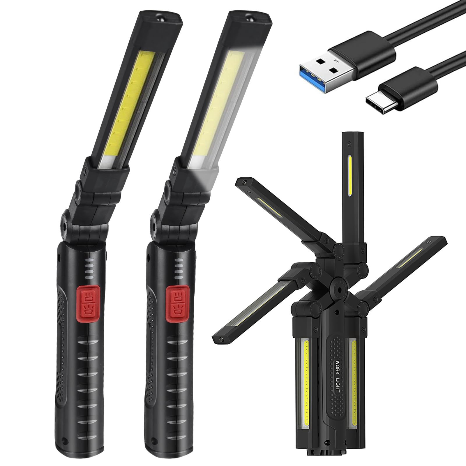 Lámpara de trabajo LED con batería, USB, recargable, con imán y gancho, linterna para taller, lámpara de mano COB para taller, coche, camping, regalos para hombres, 2 unidades