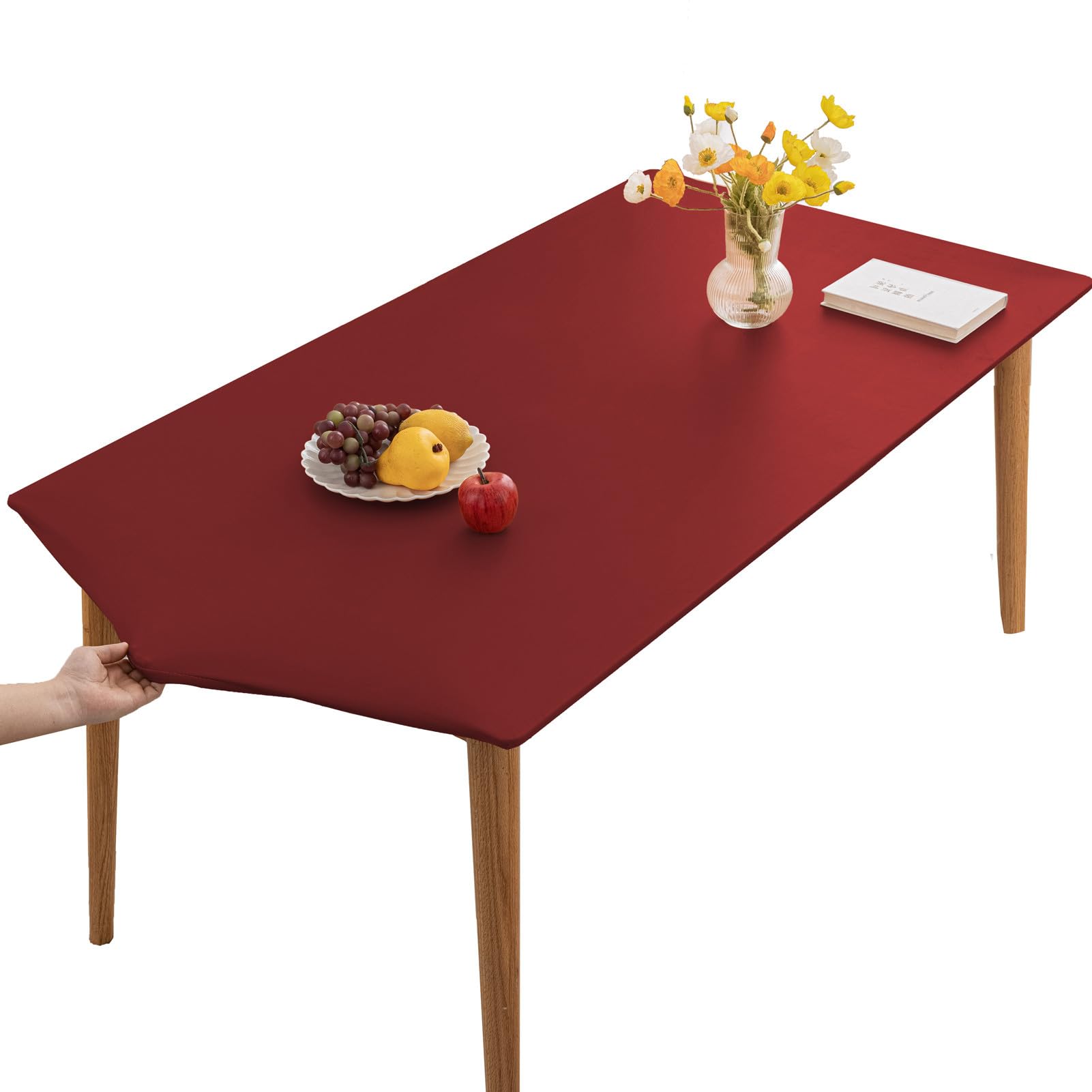 YCDZSW Rectangular Table Cloth Waterproof Wipeable- Elastic Edged Vinyl Rectangular Fitted Tablecloth,Table Cover for Kitchen,Dining,Courtyard,Party,Indoor,Outdoor Tabletop Decor (80X120CM,Red)