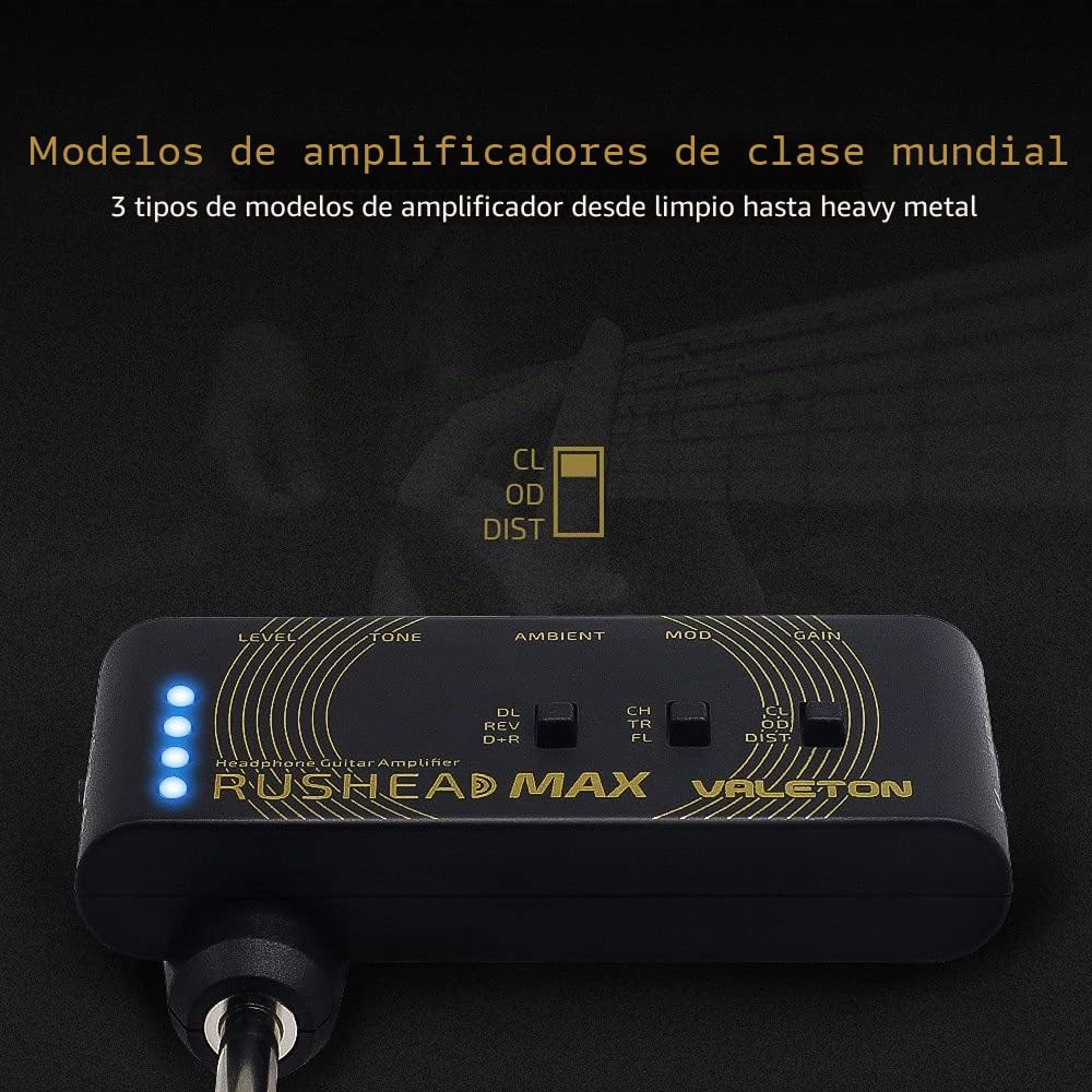 Valeton Rushead Max Amplificador portatil de bolsillo para auriculares con carga USB, ideal para dormitorio con multiefectos incluido