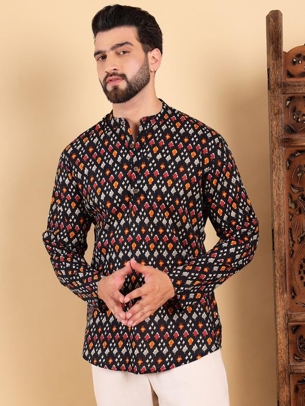 Image of Vaamsi Ethnic Bay Men's Cotton Solid Printed Short Regular Kurta(MSKU1002BLK)