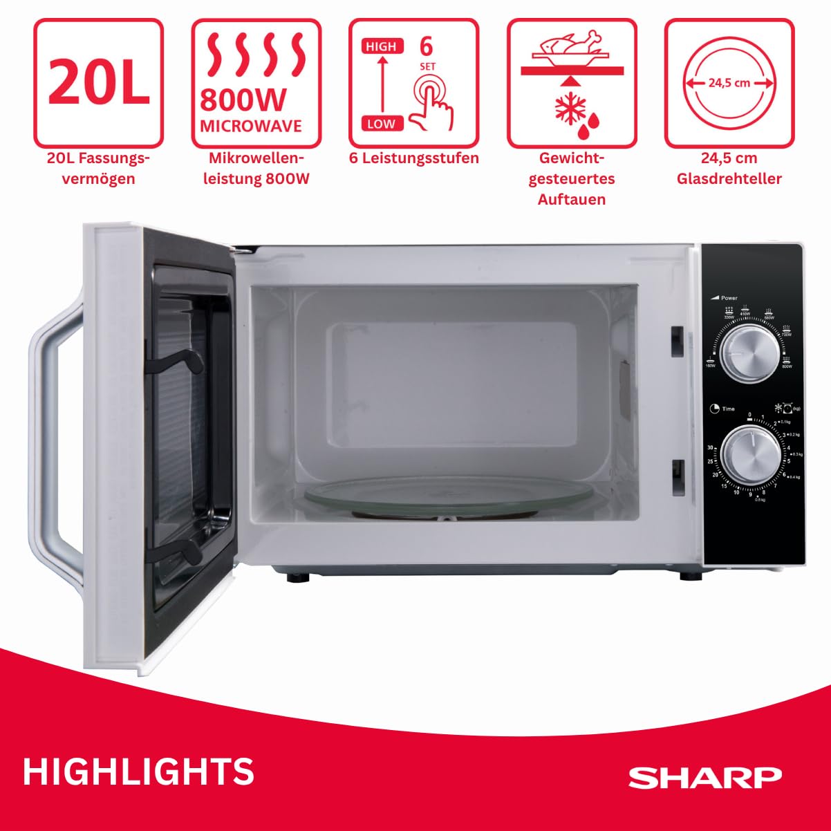 Sharp R204BA Solo-Mikrowelle,20 L,800 W,6 Leistungsstufen,Timer von 30 Minuten bis 00 Sekunden,Schwarz