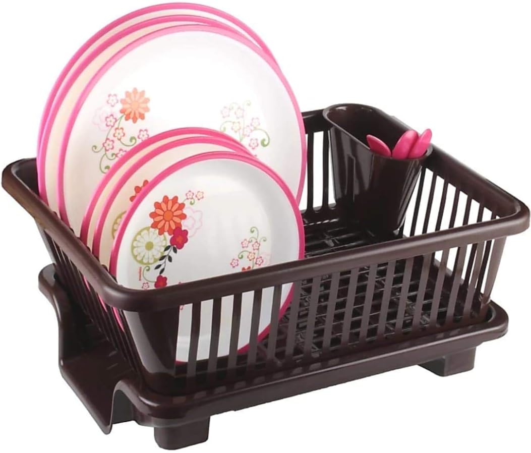 3 in 1 Durable Plastic Sink, Large Dish Rack Drainer, Drying Rack Washing Basket With Tray for Kitchen, Utensils Organizer, Brown